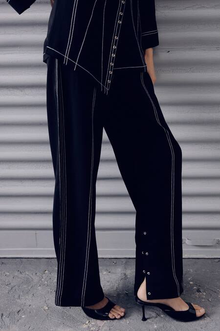 Veera Wear Black Crepe Embroidery Collared Top And Pant Set Online at Aza Fashions Veera Wear_Black Crepe Embroidery Collared Top And Pant Set _Online_at_Aza_Fashions