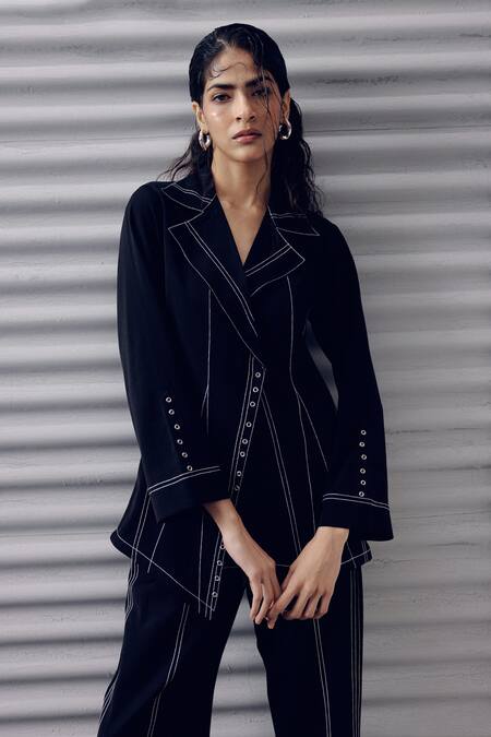 Buy Veera Wear Black Crepe Embroidery Collared Top And Pant Set Online at Aza Fashions Buy_Veera Wear_Black Crepe Embroidery Collared Top And Pant Set _Online_at_Aza_Fashions