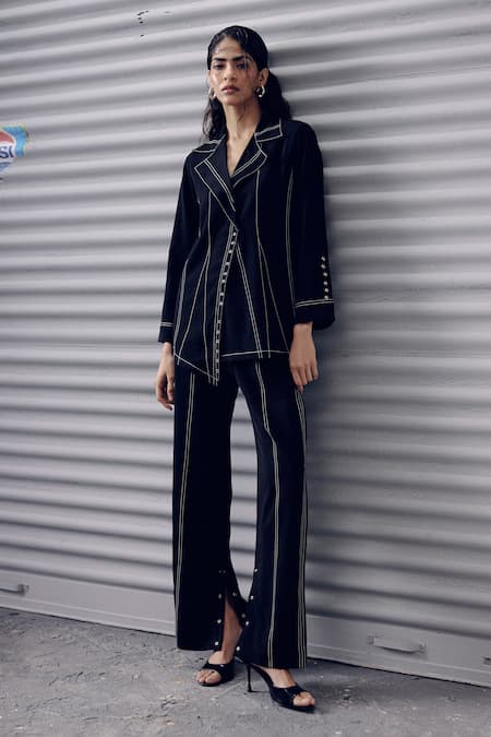 Shop Veera Wear Black Crepe Embroidery Collared Top And Pant Set at Aza Fashions Shop_Veera Wear_Black Crepe Embroidery Collared Top And Pant Set _at_Aza_Fashions