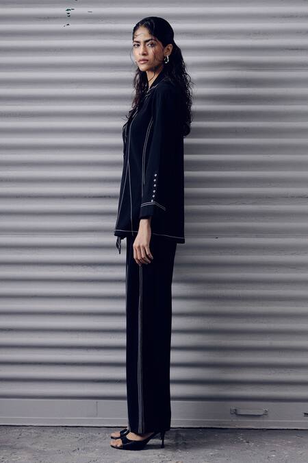 Shop Veera Wear Black Crepe Collared Structured Embroidered Blazer Top Online at Aza Fashions Shop_Veera Wear_Black Crepe Collared Structured Embroidered Blazer Top _Online_at_Aza_Fashions