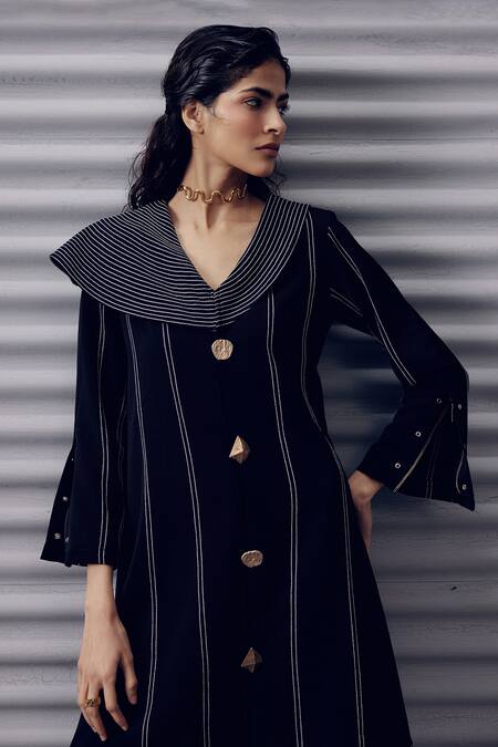 Veera Wear Black Crepe Metallic Thread Collared Embroidered Pinstriped Dress Online at Aza Fashions Veera Wear_Black Crepe Metallic Thread Collared Embroidered Pinstriped Dress _Online_at_Aza_Fashions
