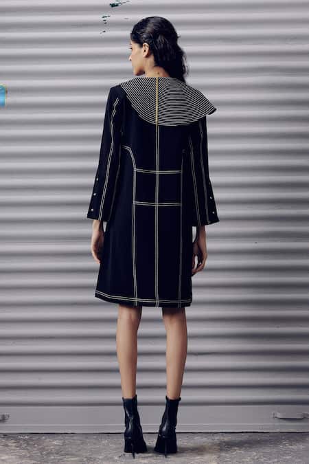 Shop Veera Wear Black Crepe Metallic Thread Collared Embroidered Pinstriped Dress at Aza Fashions Shop_Veera Wear_Black Crepe Metallic Thread Collared Embroidered Pinstriped Dress _at_Aza_Fashions