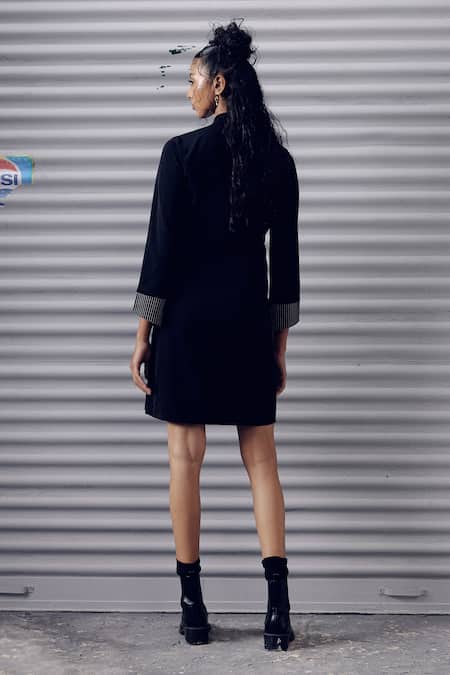 Shop_Veera Wear_Black Crepe Asymmetric Embroidered Double Breasted Blazer Dress _at_Aza_Fashions