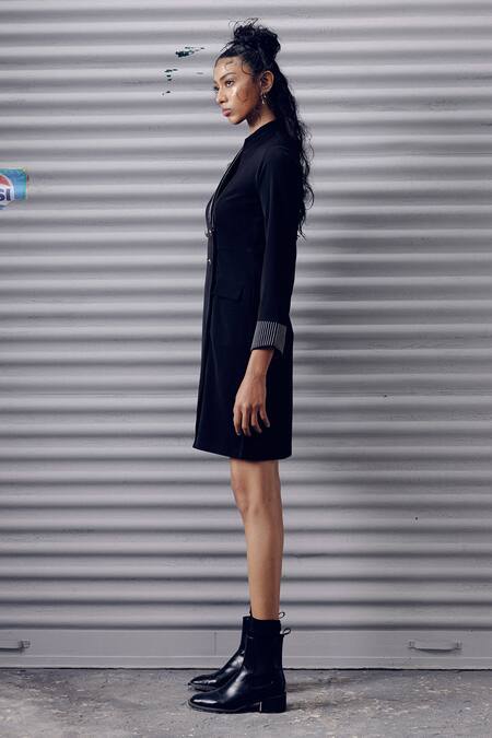 Veera Wear_Black Crepe Asymmetric Embroidered Double Breasted Blazer Dress _Online_at_Aza_Fashions