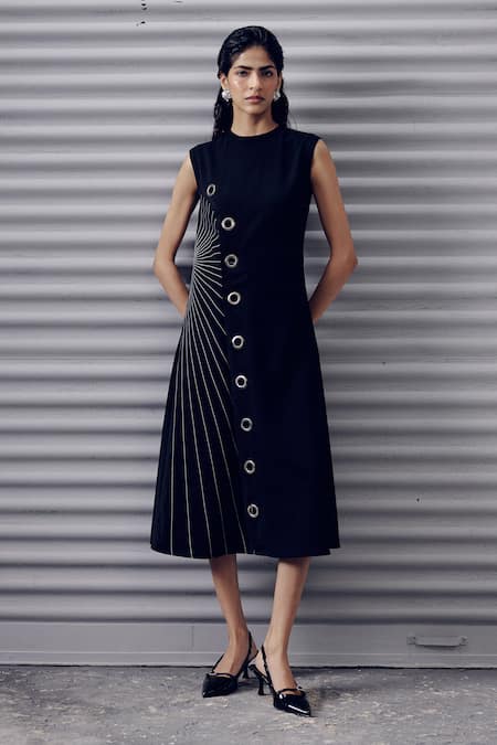 Shop Veera Wear Black Crepe Round Neck Stitchline Embroidered Midi Dress at Aza Fashions Shop_Veera Wear_Black Crepe Round Neck Stitchline Embroidered Midi Dress _at_Aza_Fashions