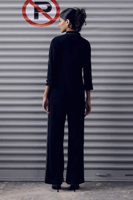 Shop Veera Wear Black Crepe Mandarin Collar Geometric Stitchline Embroidered Top at Aza Fashions Shop_Veera Wear_Black Crepe Mandarin Collar Geometric Stitchline Embroidered Top _at_Aza_Fashions