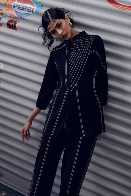 Veera Wear Black Crepe Mandarin Collar Geometric Stitchline Embroidered Top Online at Aza Fashions Veera Wear_Black Crepe Mandarin Collar Geometric Stitchline Embroidered Top _Online_at_Aza_Fashions