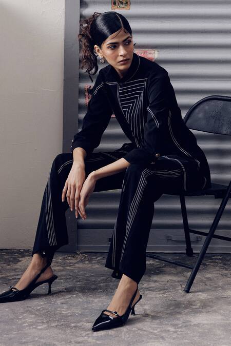 Buy Veera Wear Black Crepe Mandarin Collar Geometric Stitchline Embroidered Top Online at Aza Fashions Buy_Veera Wear_Black Crepe Mandarin Collar Geometric Stitchline Embroidered Top _Online_at_Aza_Fashions