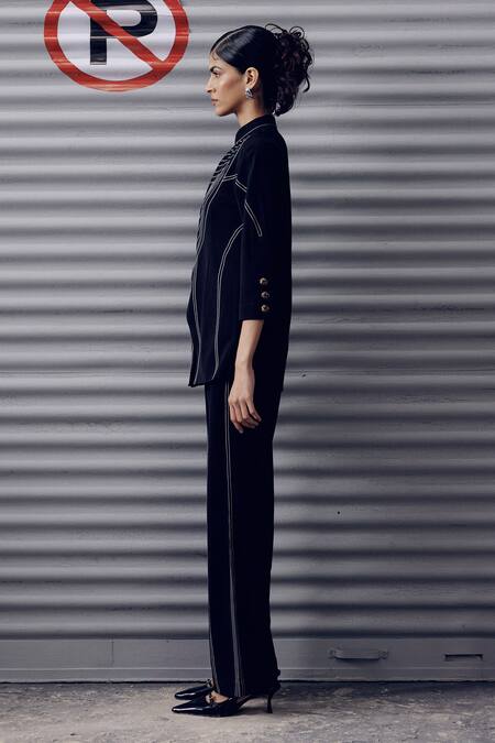 Shop Veera Wear Black Crepe Mandarin Collar Geometric Stitchline Embroidered Top Online at Aza Fashions Shop_Veera Wear_Black Crepe Mandarin Collar Geometric Stitchline Embroidered Top _Online_at_Aza_Fashions