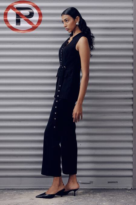 Veera Wear_Black Cotton Embroidery Collared, V-neck Wrap Top _Online_at_Aza_Fashions