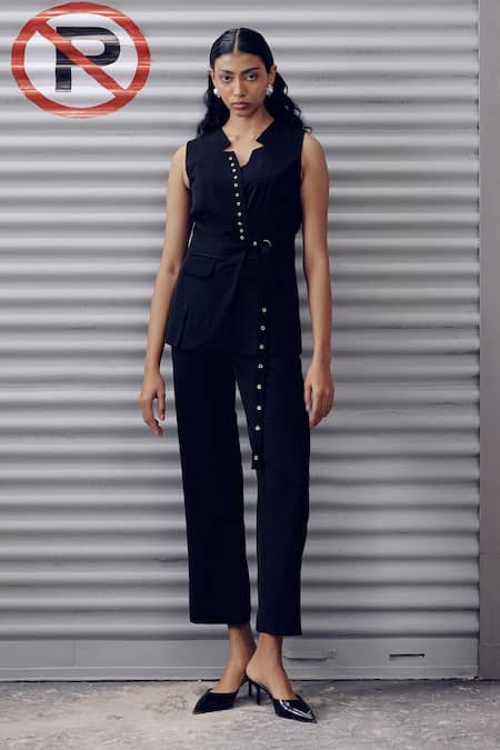 Shop_Veera Wear_Black Cotton Embroidery Collared, V-neck Wrap Top _at_Aza_Fashions