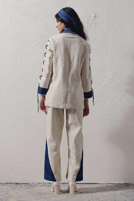 Shop Veera Wear Ivory Denim Lace Collared Tie-up Shirt at Aza Fashions Shop_Veera Wear_Ivory Denim Lace Collared Tie-up Shirt _at_Aza_Fashions