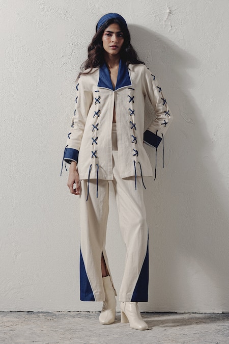 Veera Wear Ivory Denim Lace Collared Tie-up Shirt Online at Aza Fashions Veera Wear_Ivory Denim Lace Collared Tie-up Shirt _Online_at_Aza_Fashions