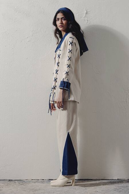 Buy Veera Wear Ivory Denim Lace Collared Tie-up Shirt Online at Aza Fashions Buy_Veera Wear_Ivory Denim Lace Collared Tie-up Shirt _Online_at_Aza_Fashions