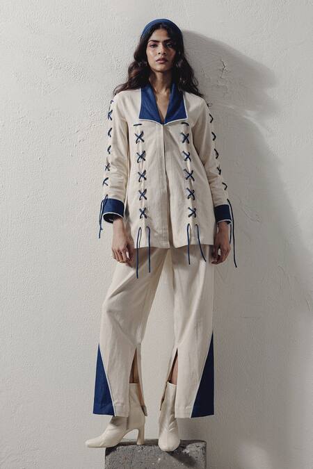 Shop Veera Wear Ivory Denim Lace Collared Tie-up Shirt Online at Aza Fashions Shop_Veera Wear_Ivory Denim Lace Collared Tie-up Shirt _Online_at_Aza_Fashions