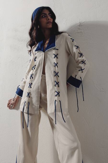 Veera Wear Ivory Denim Lace Collared Tie-up Shirt at Aza Fashions Veera Wear_Ivory Denim Lace Collared Tie-up Shirt _at_Aza_Fashions