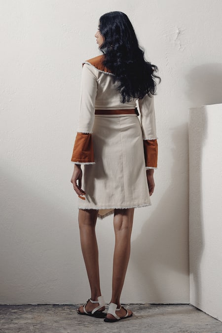 Shop Veera Wear Ivory Denim Collared And Brown Stripe Detail Dress at Aza Fashions Shop_Veera Wear_Ivory Denim Collared And Brown Stripe Detail Dress _at_Aza_Fashions