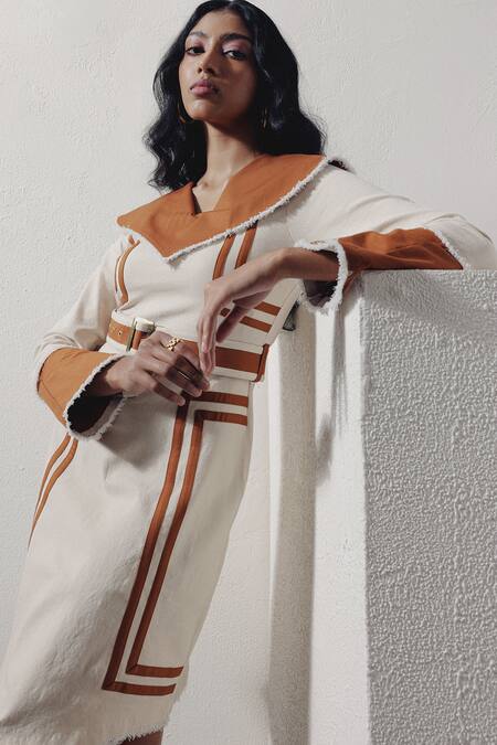 Buy Veera Wear Ivory Denim Collared And Brown Stripe Detail Dress Online at Aza Fashions Buy_Veera Wear_Ivory Denim Collared And Brown Stripe Detail Dress _Online_at_Aza_Fashions