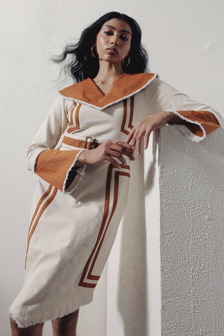 Shop Veera Wear Ivory Denim Collared And Brown Stripe Detail Dress Online at Aza Fashions Shop_Veera Wear_Ivory Denim Collared And Brown Stripe Detail Dress _Online_at_Aza_Fashions