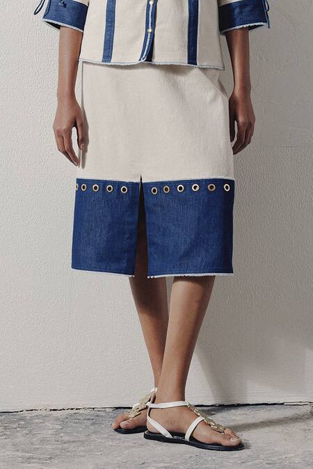 Veera Wear_Blue Denim Lace Collared Coastal Tie-up Shirt And Skirt Set _Online_at_Aza_Fashions