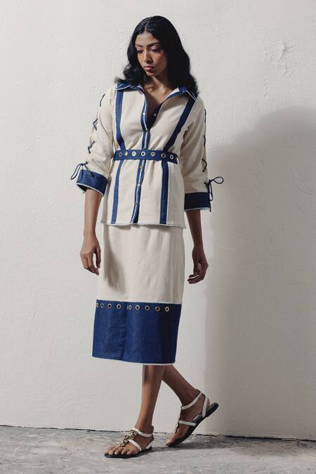 Buy_Veera Wear_Blue Denim Lace Collared Coastal Tie-up Shirt And Skirt Set _Online_at_Aza_Fashions