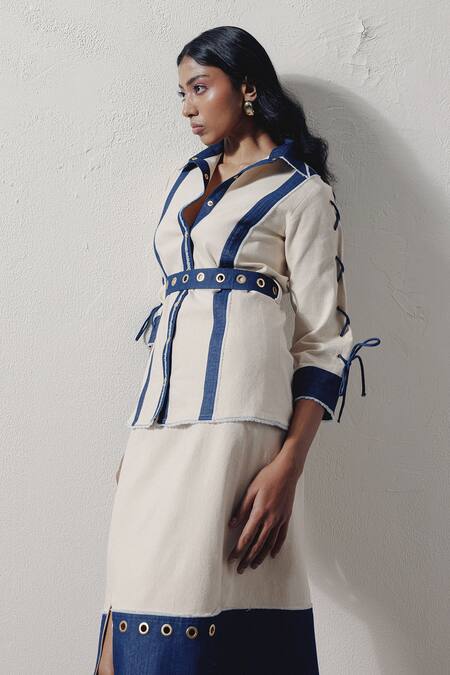 Veera Wear_Blue Denim Lace Collared Coastal Tie-up Shirt And Skirt Set _at_Aza_Fashions