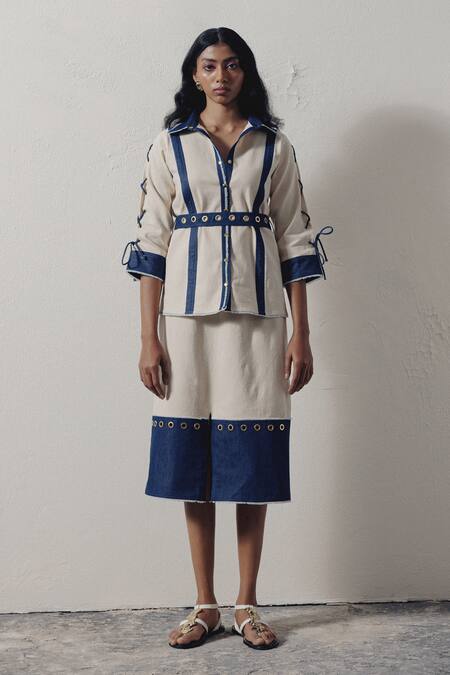 Buy_Veera Wear_Blue Denim Rivet Coastal Detailed Midi Skirt_Online_at_Aza_Fashions