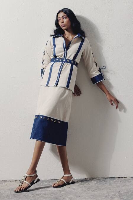 Shop_Veera Wear_Blue Denim Rivet Coastal Detailed Midi Skirt_Online_at_Aza_Fashions