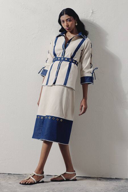 Shop_Veera Wear_Blue Denim Rivet Coastal Detailed Midi Skirt_at_Aza_Fashions