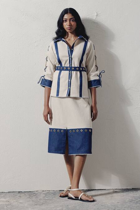 Shop_Veera Wear_Beige Denim Lace Collared Coastal Tie-up Shirt _Online_at_Aza_Fashions