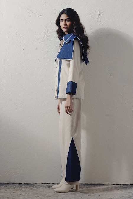 Buy_Veera Wear_Blue Denim Collared Dramatic Shirt And Pant Set _Online_at_Aza_Fashions