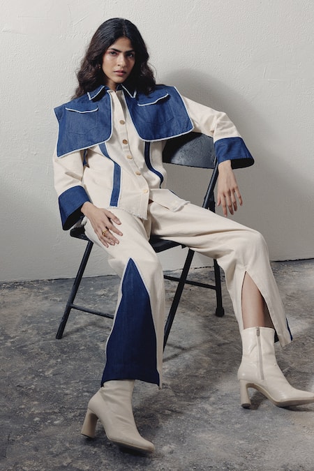 Shop_Veera Wear_Blue Denim Collared Dramatic Shirt And Pant Set _Online_at_Aza_Fashions