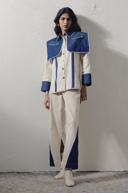 Veera Wear_Blue Denim Collared Dramatic Shirt And Pant Set _at_Aza_Fashions