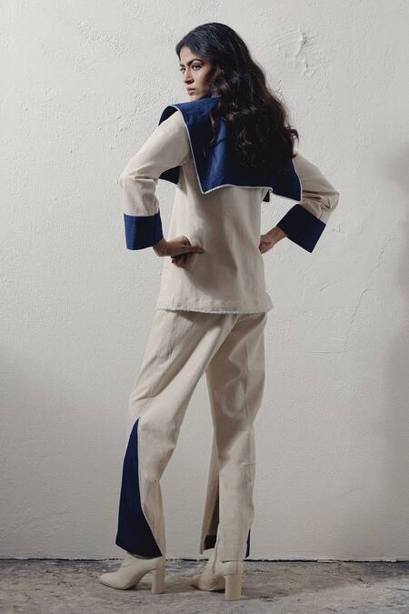 Shop_Veera Wear_Blue Denim Collared Dramatic Shirt _at_Aza_Fashions
