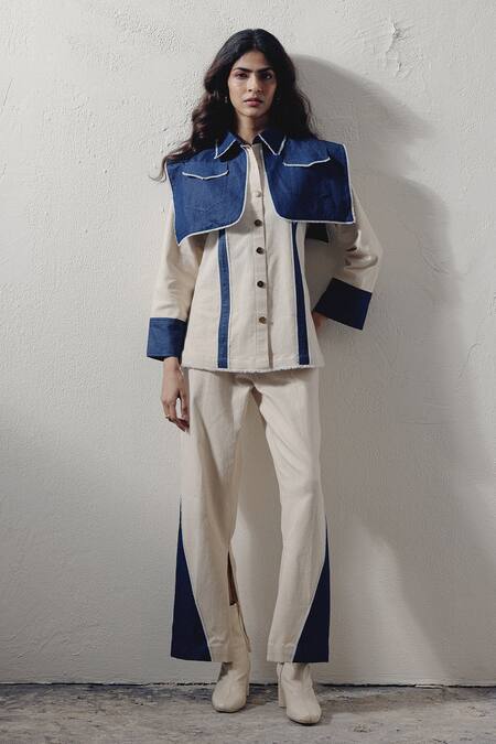 Veera Wear_Blue Denim Collared Dramatic Shirt _at_Aza_Fashions