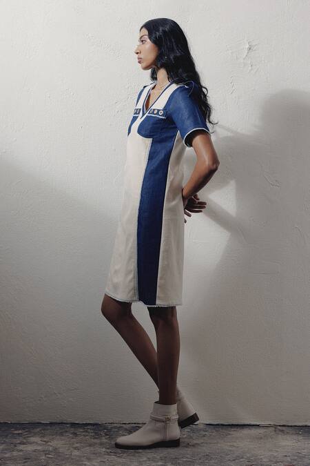Veera Wear_Blue Denim V-neck Color Blocked Dress _Online_at_Aza_Fashions