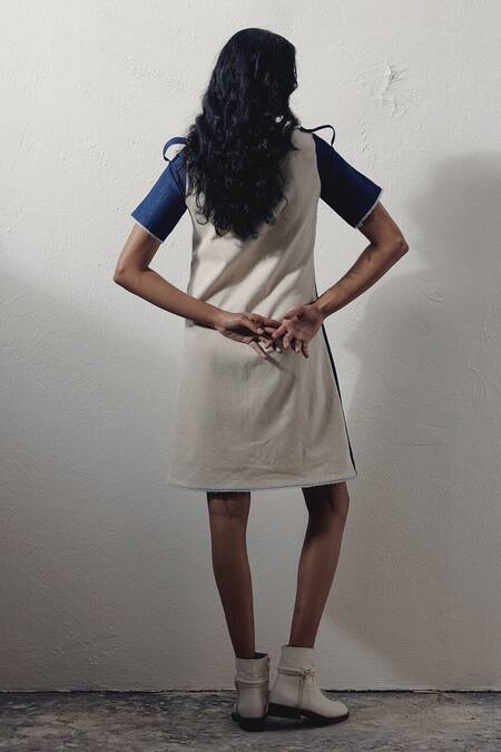 Shop_Veera Wear_Blue Denim V-neck Color Blocked Dress _at_Aza_Fashions