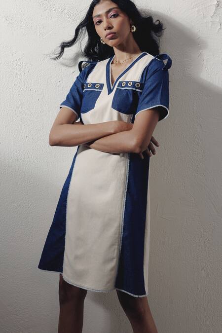 Buy_Veera Wear_Blue Denim V-neck Color Blocked Dress _Online_at_Aza_Fashions