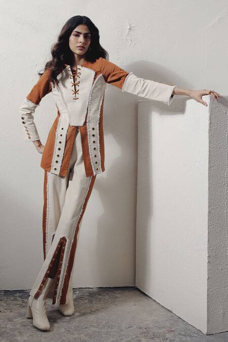 Veera Wear Ivory Denim Split V-neck Lace-up Rivet Detail Top Online at Aza Fashions Veera Wear_Ivory Denim Split V-neck Lace-up Rivet Detail Top _Online_at_Aza_Fashions