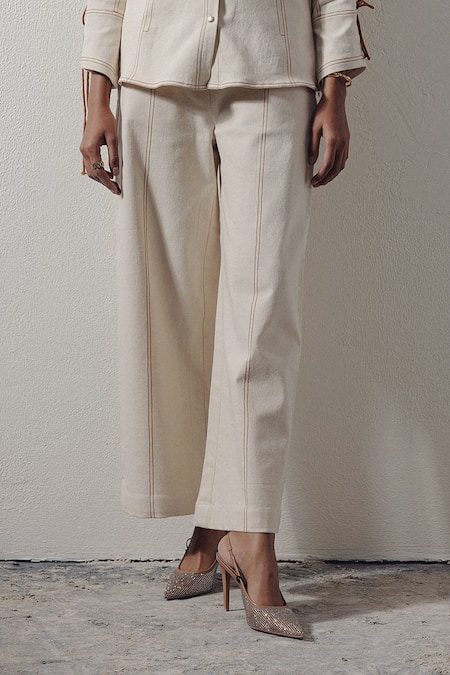 Veera Wear_Ivory Denim Lace Collared Shirt And Pant Co-ord Set _Online_at_Aza_Fashions