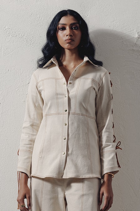 Buy_Veera Wear_Ivory Denim Lace Collared Shirt And Pant Co-ord Set _Online_at_Aza_Fashions