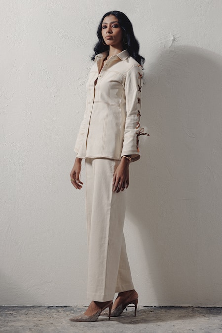 Shop_Veera Wear_Ivory Denim Lace Collared Shirt And Pant Co-ord Set _at_Aza_Fashions