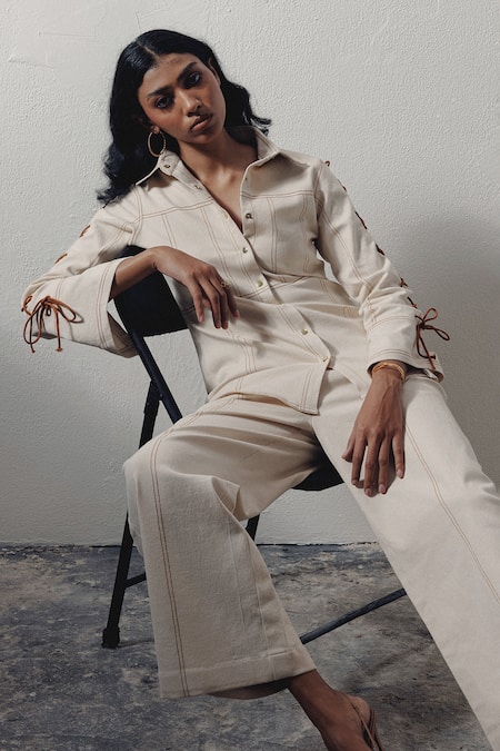 Shop_Veera Wear_Ivory Denim Lace Collared Shirt And Pant Co-ord Set _Online_at_Aza_Fashions