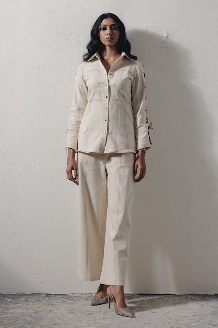 Shop Veera Wear Ivory Denim Lace Collared Shirt With Sleeves at Aza Fashions Shop_Veera Wear_Ivory Denim Lace Collared Shirt With Sleeves _at_Aza_Fashions