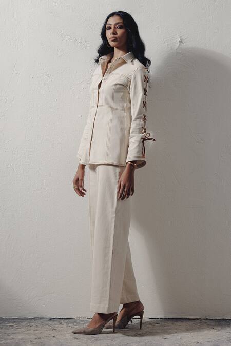 Veera Wear Ivory Denim Lace Collared Shirt With Sleeves Online at Aza Fashions Veera Wear_Ivory Denim Lace Collared Shirt With Sleeves _Online_at_Aza_Fashions