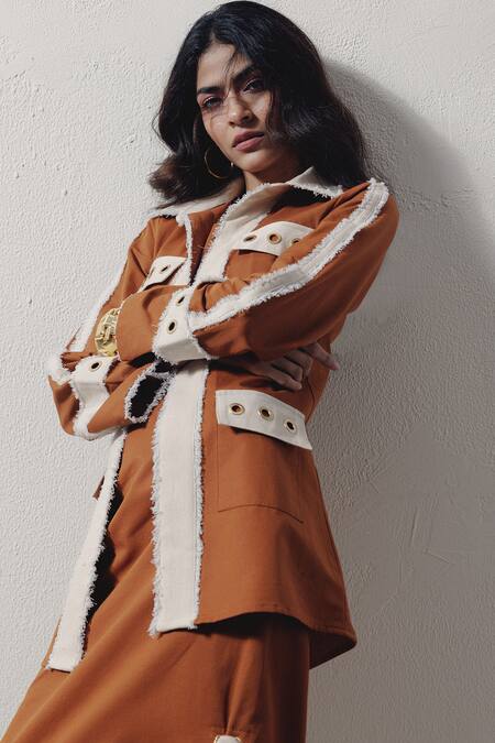 Veera Wear Brown Denim Open , Round Rivet Detail Jacket Skirt Set Online at Aza Fashions Veera Wear_Brown Denim Open , Round Rivet Detail Jacket Skirt Set _Online_at_Aza_Fashions