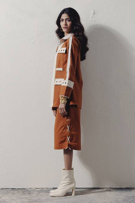 Buy Veera Wear Brown Denim Open , Round Rivet Detail Jacket Skirt Set Online at Aza Fashions Buy_Veera Wear_Brown Denim Open , Round Rivet Detail Jacket Skirt Set _Online_at_Aza_Fashions