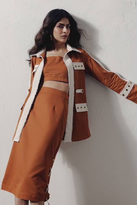 Shop Veera Wear Brown Denim Open , Round Rivet Detail Jacket Skirt Set Online at Aza Fashions Shop_Veera Wear_Brown Denim Open , Round Rivet Detail Jacket Skirt Set _Online_at_Aza_Fashions