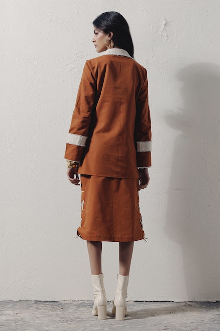 Shop Veera Wear Brown Denim Open , Round Rivet Detail Jacket Skirt Set at Aza Fashions Shop_Veera Wear_Brown Denim Open , Round Rivet Detail Jacket Skirt Set _at_Aza_Fashions