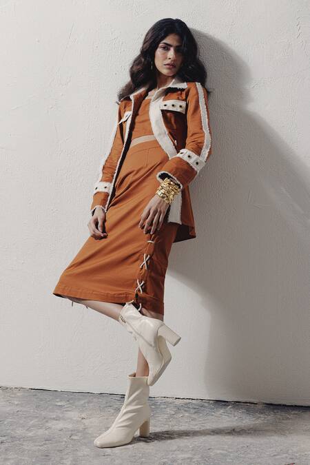 Veera Wear Brown Denim Open , Round Rivet Detail Jacket Skirt Set at Aza Fashions Veera Wear_Brown Denim Open , Round Rivet Detail Jacket Skirt Set _at_Aza_Fashions